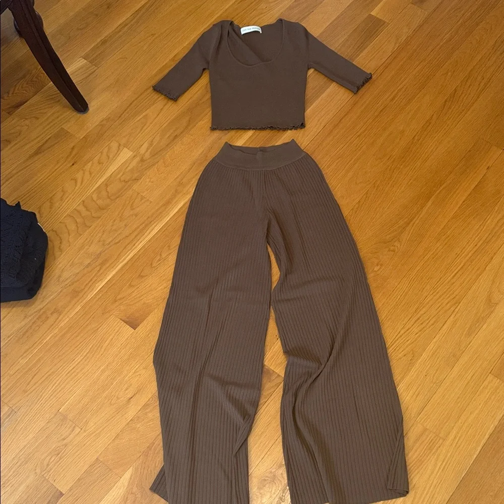 Live The Process Brown Ribbed Wide Leg Pants Set - Picture 1 of 4